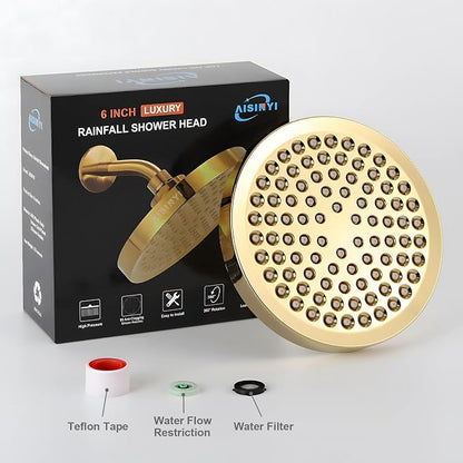 High Pressure Rainfall Shower Head, 6 Inches Luxury Modern Showerhead with Perfect Adjustable Replacement, Removable Restrictor, Easy Installation for Your Bathroom Shower Heads (Deluxe Gold)