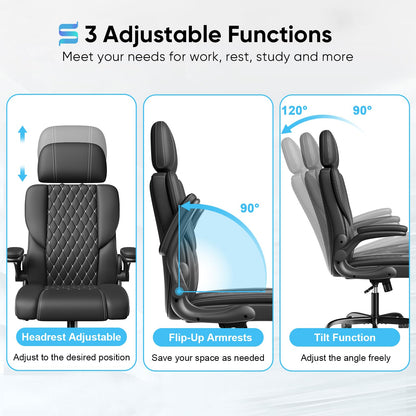 Sytas Executive Leather Office Chair, Comfy Desk Chair with Adjustable Headrest & Flip-up Padded Arms & Lumbar Support, Adjustable Hight and Tilt, Rolling Swivel Chair, Black