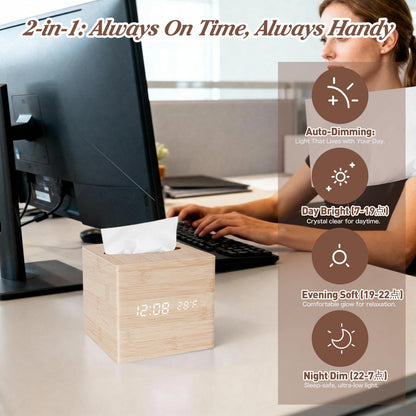 ANHUXINLEI Wooden Tissue Box Cover - Digital Square Holder with Dimmable Alarm Clock, Temperature and Date Display - Cordless Home Decor for Office Desk, Nightstand and Bedroom Organization