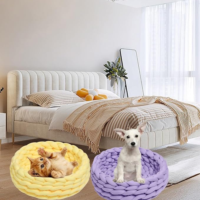 Woven Dog Bed Basket, Knitted Cotton Cat Bed Round Washable Woven Cat Pet Bed Chunky Dog Basket, Orthopedic, Chunky Knit Dog Nest,Dog Bed,Dog Cave,Dog Bedding(White,23")