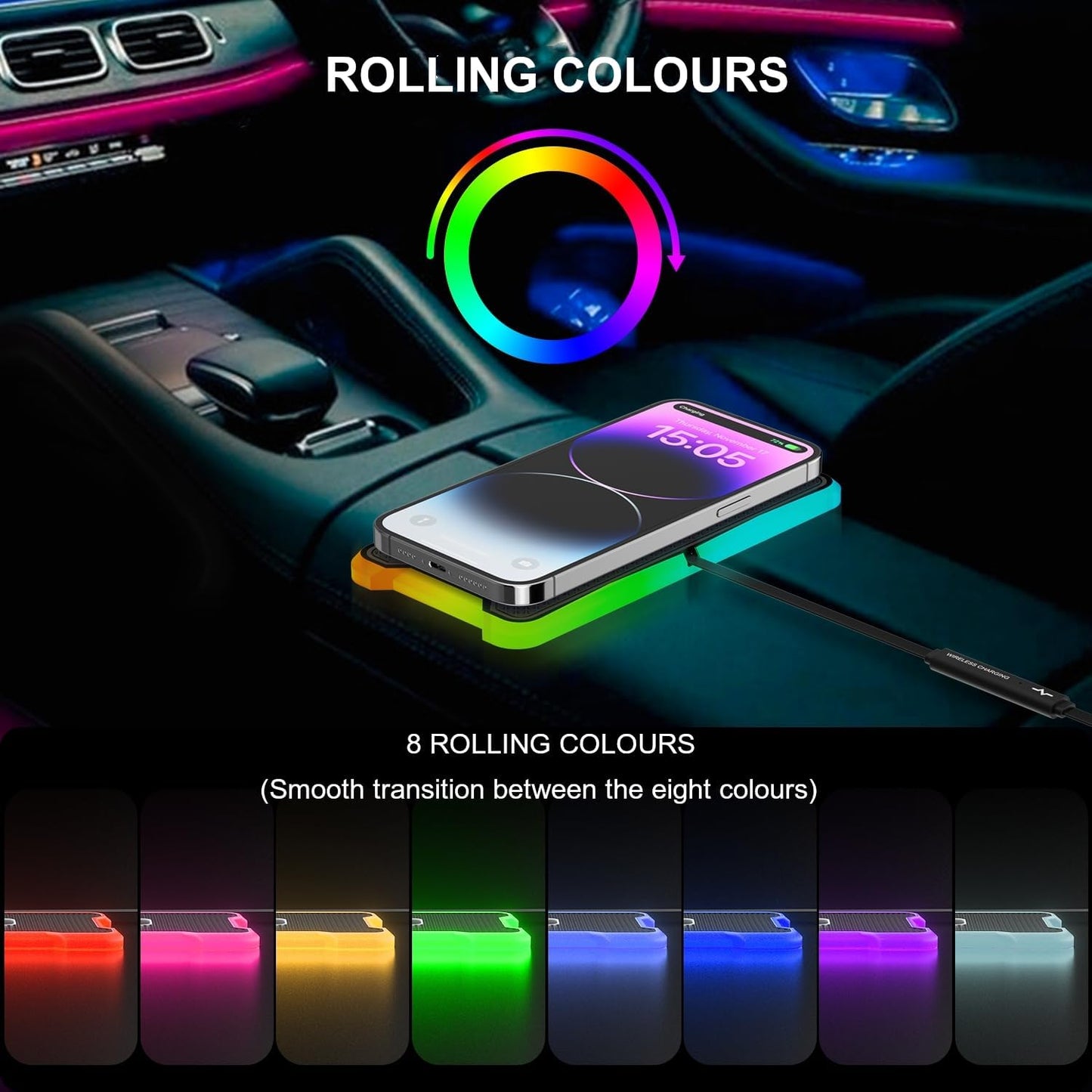 Wireless Car Charger Pad, REESTECQI 15W RGB Wireless Charger for Car Type C Non Slip Charging Pad for Car Compatible with Airpods iPhone 16/15/14/13/12,Samsung Google (30CM Cable)