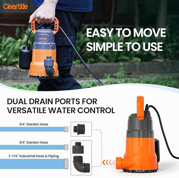 Cleartide Submersible Water Sump Pump with Float Switch, 1/3 HP 2790 GPH High Flow, 100% Copper Motor, Ideal for Pool, Ideal for Yard and Flooded Cellar, Hot Tub, Garden Irrigation,10 FT Cord