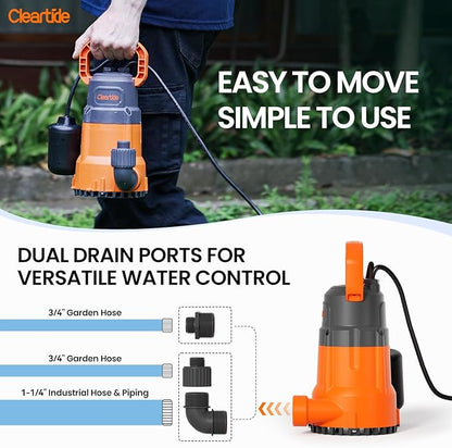 Cleartide Submersible Water Sump Pump with Float Switch, 1/3 HP 2790 GPH High Flow, 100% Copper Motor, Ideal for Pool, Ideal for Yard and Flooded Cellar, Hot Tub, Garden Irrigation,10 FT Cord