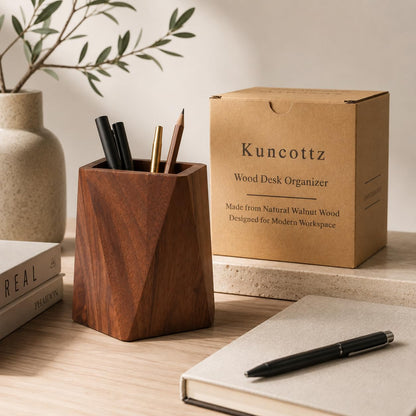 Kuncottz Black Walnut Wood Pen Holder for Desk, Modern Wooden Pencil Cup Organizer for Office Supplies, Luxury Desk Accessories for Home Office Decor