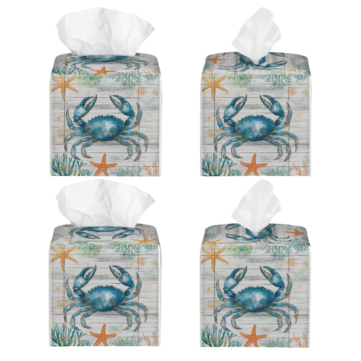 Tissue Box Cover PU Leather Square Tissues Holder Ocean Blue Crab On Wooden Decorative Facial Paper Organizer Dispenser for Bedroom Bathroom Vanity,Home Office Car