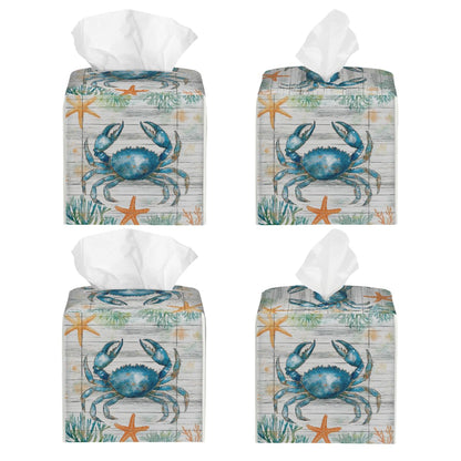 Tissue Box Cover PU Leather Square Tissues Holder Ocean Blue Crab On Wooden Decorative Facial Paper Organizer Dispenser for Bedroom Bathroom Vanity,Home Office Car