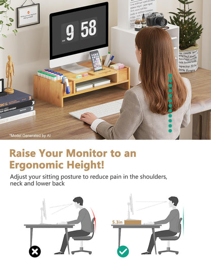 Ufine Bamboo Monitor Stand with Storage Compartments Ergonomic Computer Laptop Riser Small Space Organizer for Home Office