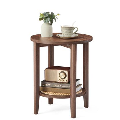 VASAGLE Round Side End Table, 2-Tier Boho Bedside Table with Rattan-Look Storage Shelf, Nightstand for Small Spaces, for Living Room, Bedroom, Home Office, Black Walnut ULET296K01