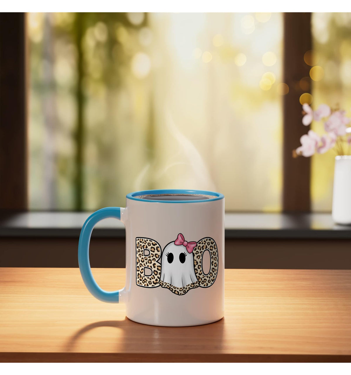 Halloween Boo Leopard Ghost Pink Bow Ceramic Mug, Blue/White