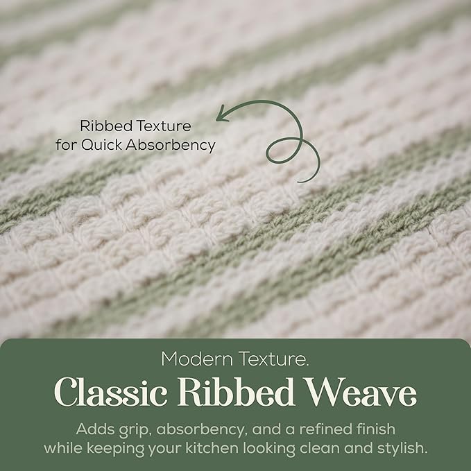 MosJos Kitchen Towels, Cotton Hand Towels, Sage Green and Cream Ribbed