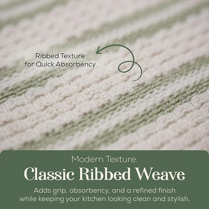 MosJos Kitchen Towels, Cotton Hand Towels, Sage Green and Cream Ribbed