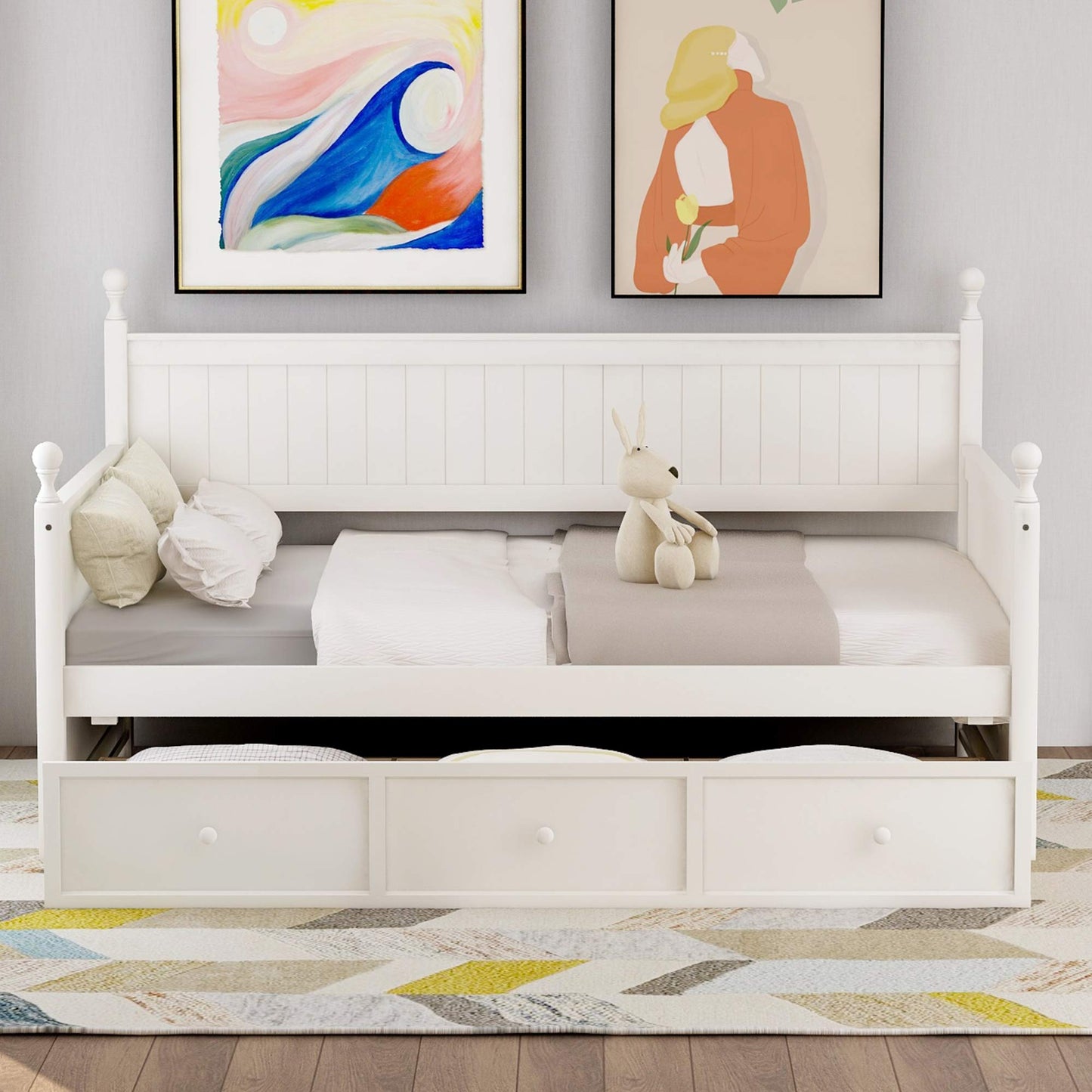 Ball & Cast Twin Size Daybed with Two Storage Drawers, Wooden Day Bed Frame with Slatted Backrest and Armrest, Mordern Sofa Bed with Clean Lines, No Box Spring Needed,White