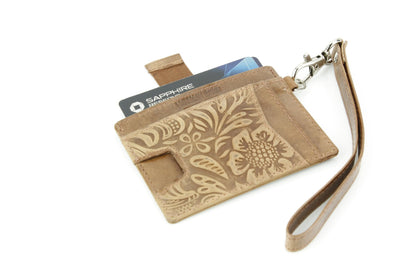 American Bison Embossed Floral Wristlet Wallet for Women – Small ID Card Holder with Credit Card Slots & Pull Tab Organizer – Compact Leather Wrist Strap Clutch (Tan)