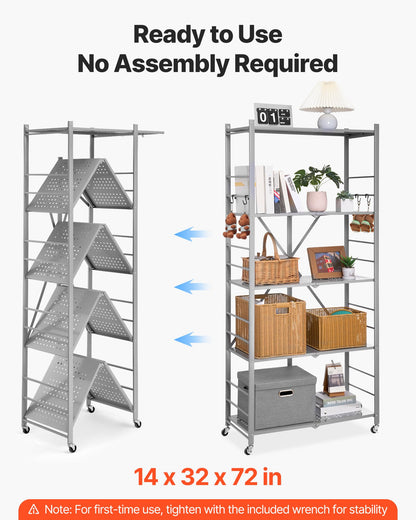 VEVOR 5-Tier Foldable Storage Shelf, 32W x 14D x 72H Inch Folding Metal Rack Shelving Unit, Heavy Duty No Assembly Organizer Shelf with 5 Wheels & 4 Hooks for Pantry, Kitchen, Garage, Basement, Grey