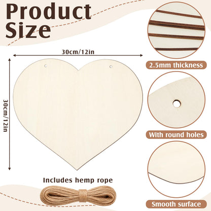 Qunclay 10 Pcs Natural Wooden Hearts Ornaments for DIY Crafts 11.8 Inch Blank Unfinished Predrilled Heart Slices with Hemp Rope for Father's Day Wedding Home Front Door Decor