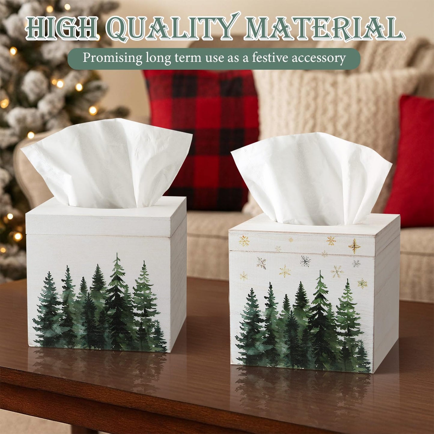 Yalikop 2 Pcs Christmas Tissue Boxes Cover 6 Inch Christmas Winter Holiday Xmas Pine Trees Square Tissue Case Cover Holder T for Square Wooden Decorative for Home Living Room Bathroom Office Decor