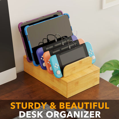 SpaceAid Bamboo Charging Station for Multiple Devices, Cell Phone Docking Stations for Multi Laptop, Tablets and iPads, Nightstand Bedside Desk Device Charger Organizer (Natural)
