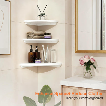 Gieanoo Floating Corner Shelves Set 2 9inch White Solid Oak Rounded Corner Shelves Wall Mounted with Cable Hole Wood Corner Hanging Shelves for Living Room Bedroom Bathroom Kitchen