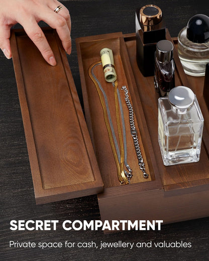 BRITEREE Cologne Organizer for Men, 3 Tier Wooden Cologne Stand with Drawer Storage and Hidden Compartment, Perfume Display Holder for Dresser, Great Gifts for Him Dad Fathers, Brown