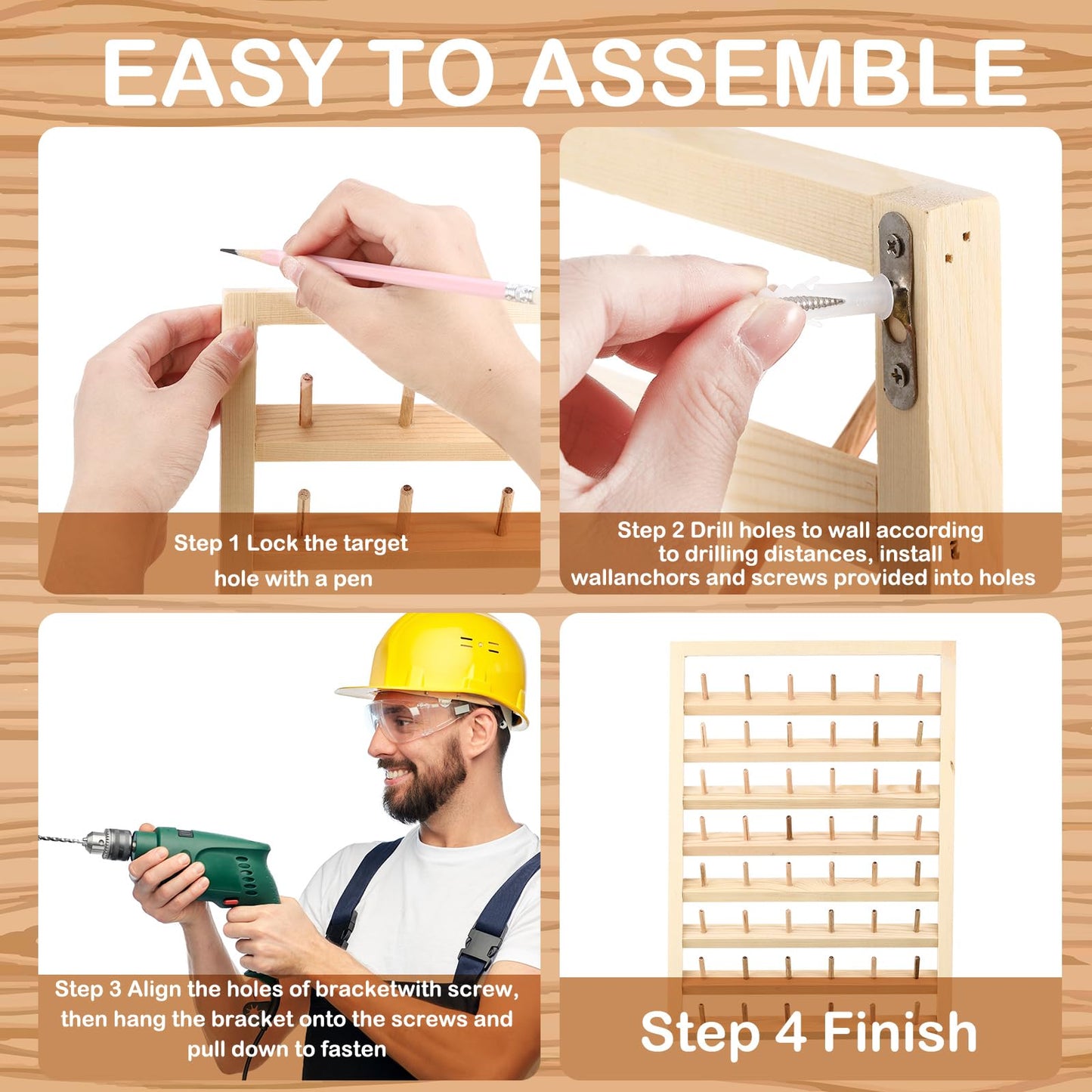 Yahenda 4 Pack 48 Spool Wooden Thread Holder Wall Mounted Thread Rack with Hanging Hooks Organizer for Mini Sewing Quilting Jewelry Embroidery