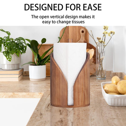 Wooden Paper Towel Holder for Kitchen Countertop – Heavy Duty Pine Wood Towel Dispenser with Stable Base & 5 Anti-Skid Rubber Pads – Fits Standard Paper Towel Rolls – Rustic Farmhouse Kitchen Décor