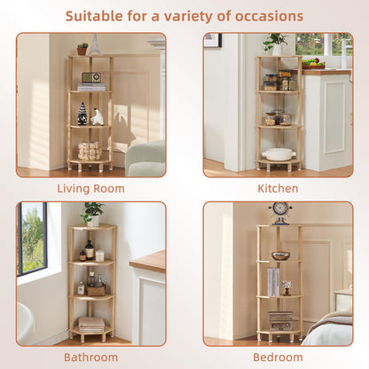 YUFAM 4-Tier Corner Shelf with Sturdy 5-Leg Base, Wooden Corner Bookshelf for Small Spaces, Corner Standing Shelf for Living Room, Bedroom, Bathroom, Natural