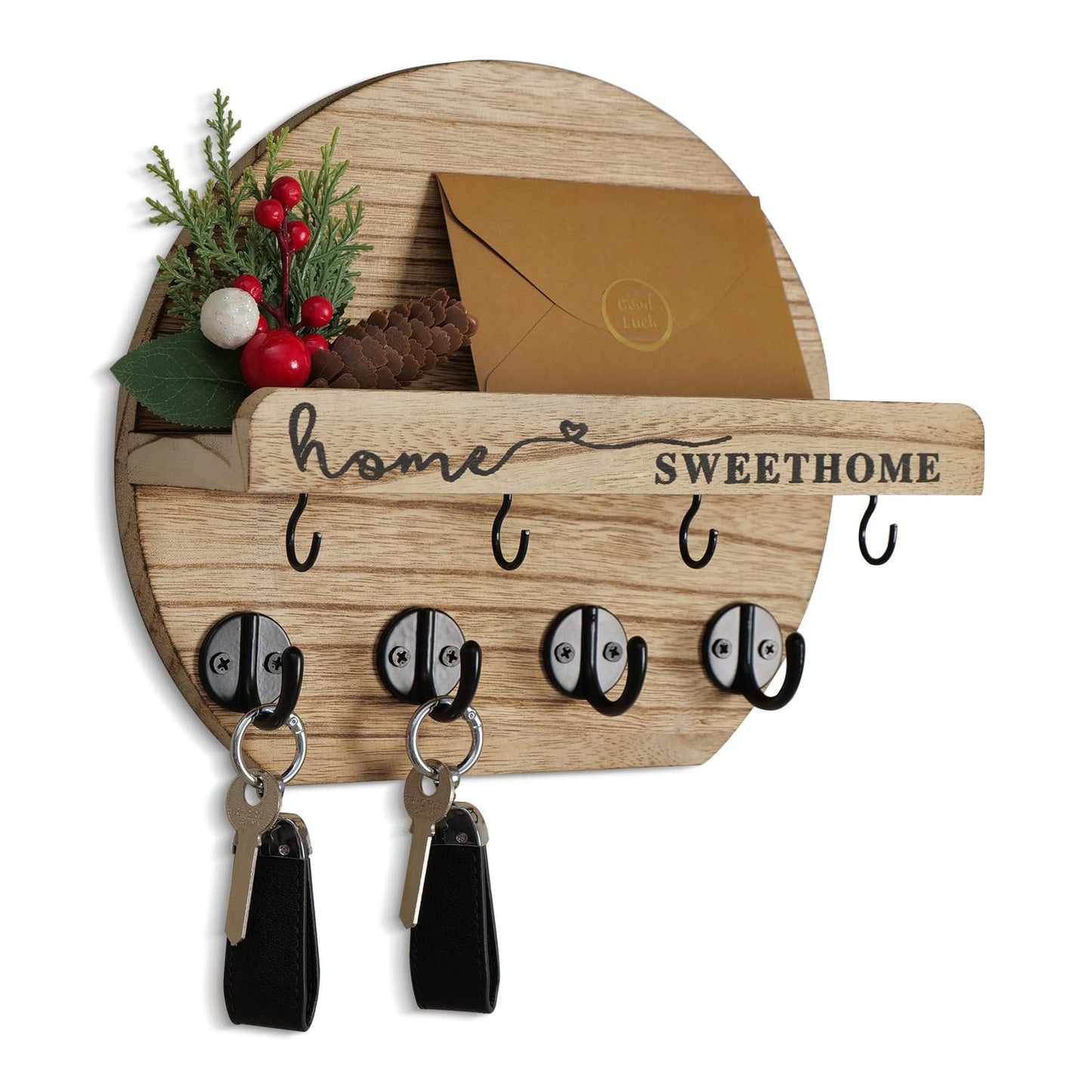 LEIRUOTM Key Holder for Wall, Key and Mail Holder Organizer - Key Holder Wall Mount with Bouquet Shelf and Key Hooks, Round Wooden Rustic Key Rack for Entryway and Home Decor (Wood)