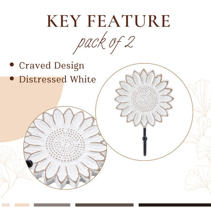 TRENDIN Rustic Wooden Sunflower Wall Hooks Set of 2, Distressed White Decorative Wall Hooks for Coats, Hats, Bags, and Keys, Farmhouse Floral Home Decor for Entryway, Bedroom or Living Room