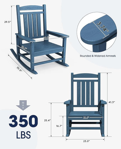 KINGYES Oversized Outdoor Rocking Chair Set of 4, High Density Polyethylene Patio Rocking Chairs with 330lbs Support for Adults, Navy