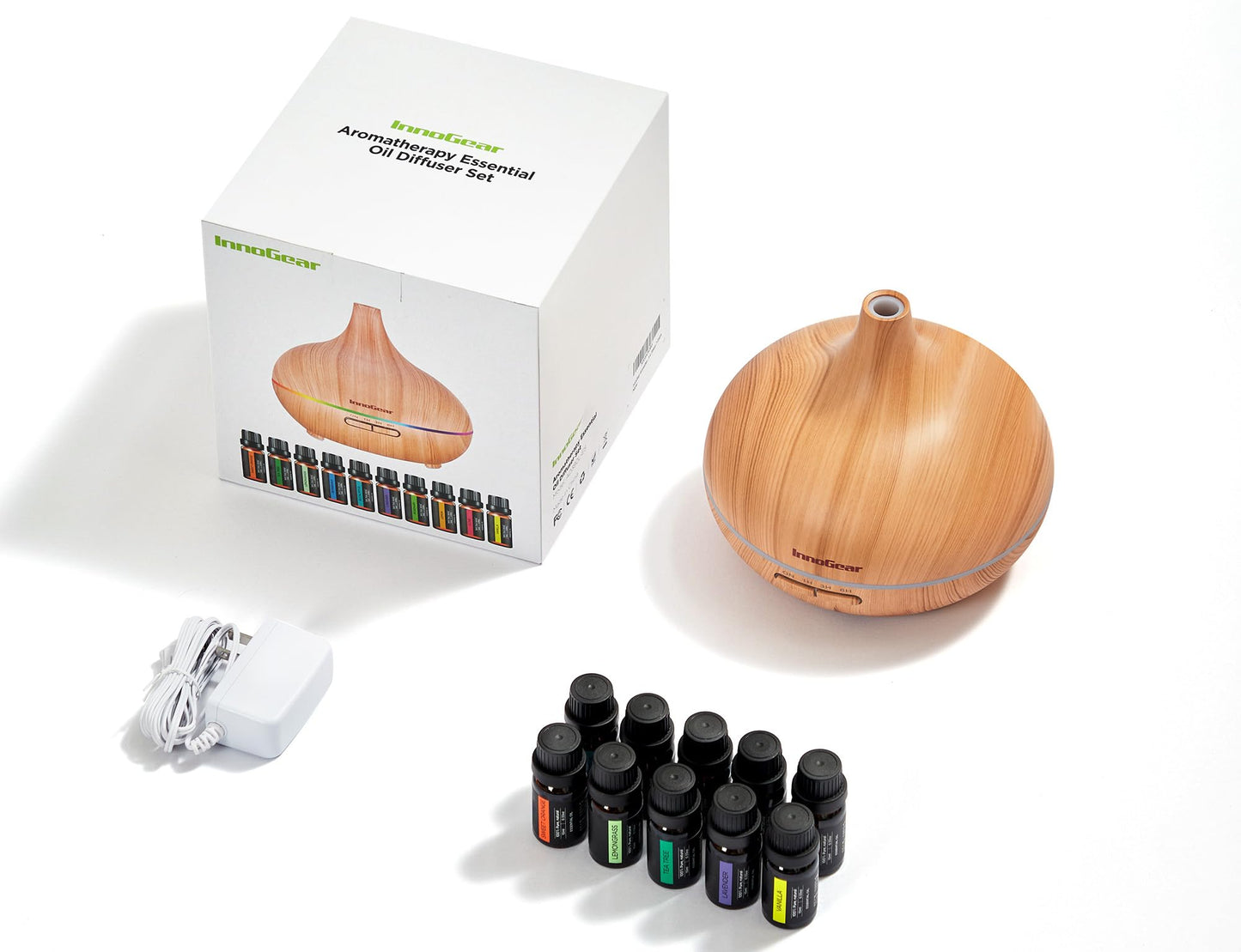 InnoGear Aromatherapy Diffuser & 10 Essential Oils Set, 400ml Diffuser Ultrasonic Diffuser Cool Mist Humidifier with 4 Timers 7 Colors Light Waterless Auto Off for Large Room Office, Dark Wood Grain