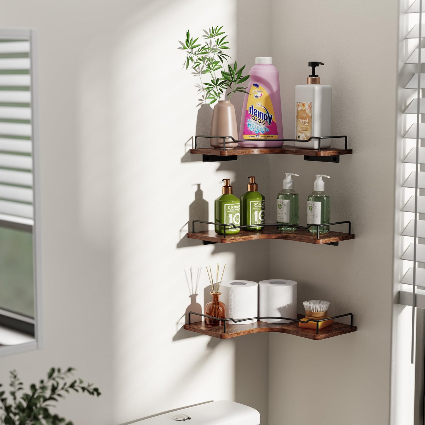 FNBAR L-Shaped Corner Floating Shelves Set of 3,Rustic Wood Wall Mounted Storage Shelves,Display Shelf for Bathroom, Kitchen,Bedroom, Living Room, Office (Brown)