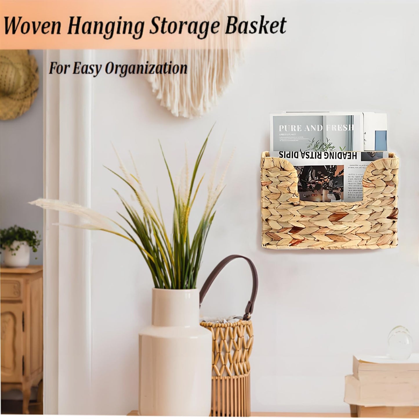 VANEME Hanging Magazine Basket, Woven Wall Magazine Holder Organizer with Handle for Mail, Files, Books - Water Hyacinth Farmhouse Storage Rack for Bathroom, Kitchen, Office