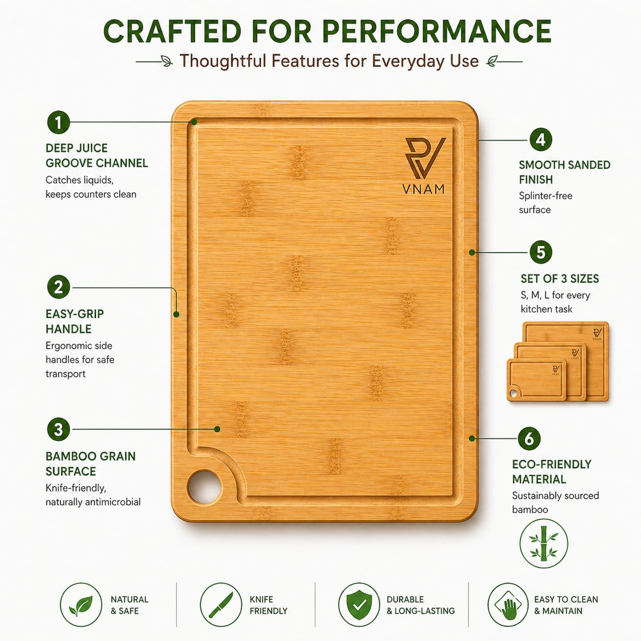 VNAM Bamboo Cutting Board Set of 3 for Kitchen, Wooden Chopping Boards with Juice Groove & Easy-Grip Handle, 9x6 12x8 15x10 Inch
