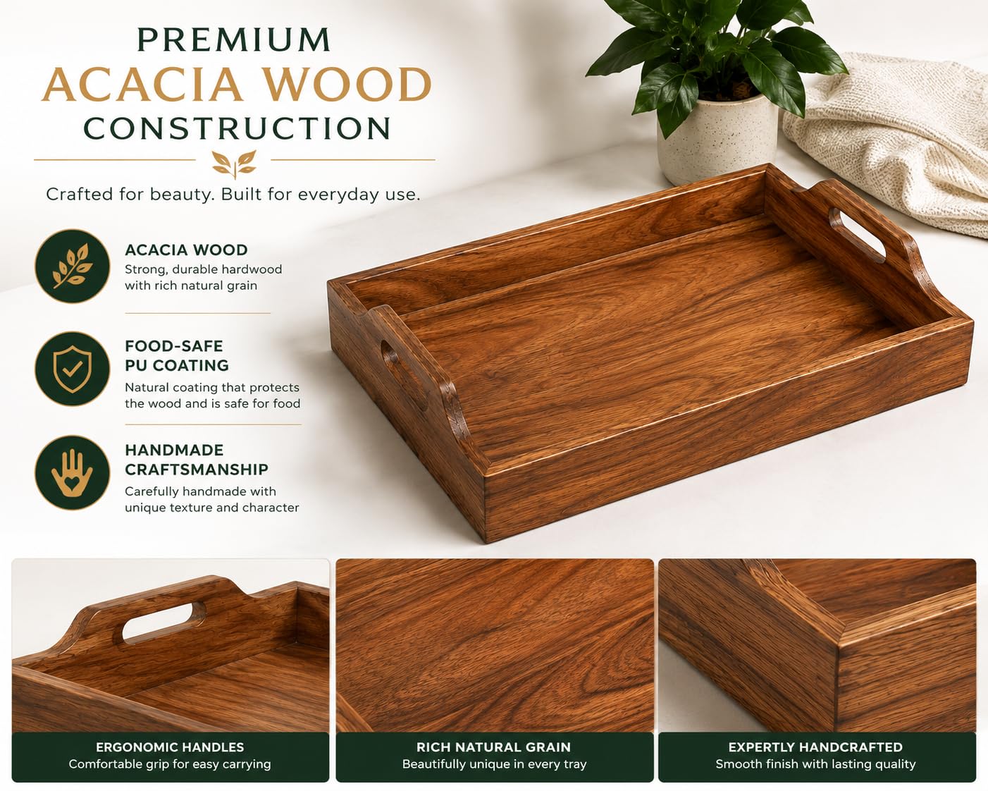 WEBHUSHI Acacia Wood Serving Tray - 16 Inch Brown Wooden Tray with Natural PU Coating for Kitchen and Dining
