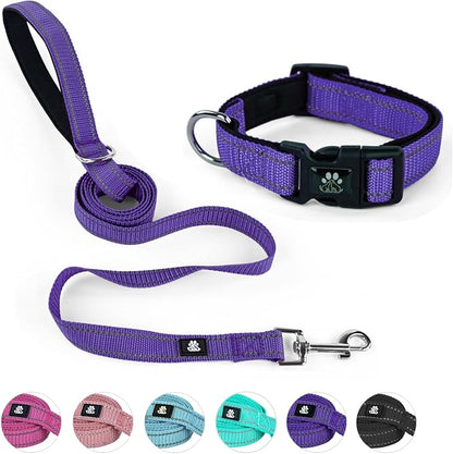 NESTROAD Dog Collar and Leash Set,Reflective Dog Collars with Quick Release Buckle,Adjustable Nylon Pet Collar for Small Medium Large Dogs(Small,Purple)