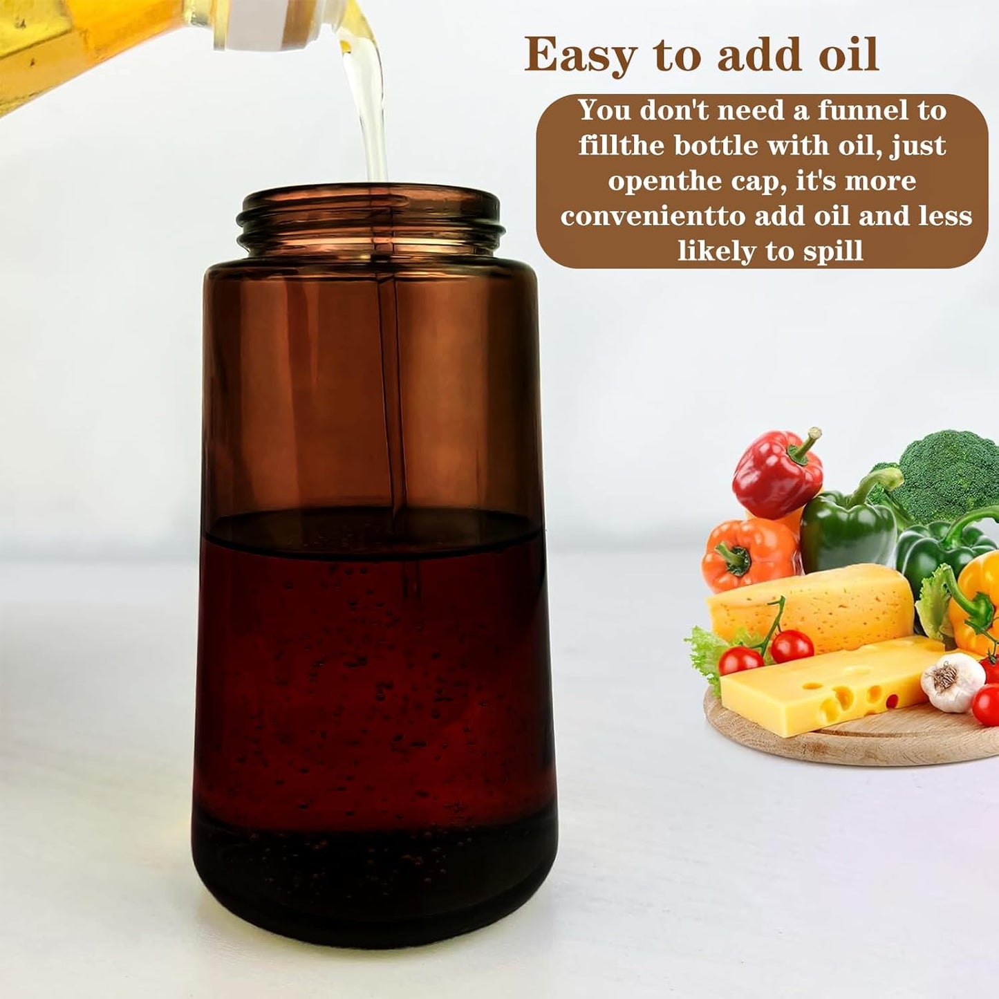 Oil Sprayer for Cooking, 16oz Glass Olive Oil Dispenser Bottle for Kitchen Gadgets, 2 in 1 Spray and Pour Dark Brown Bottle with Stickers for Air Fryer, Salad