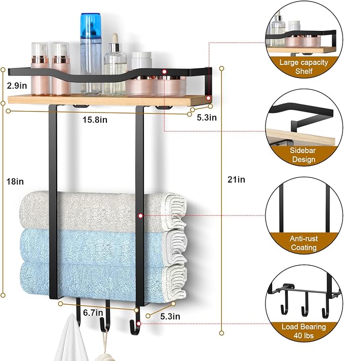 Towel Racks for Bathroom, Wall Mounted Towel Rack for Bathroom, Wall Towel Rack for Rolled Towels, Towel Storage for Small Decor-Black