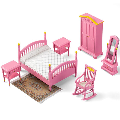 Skylety 7 Pcs Wooden Dollhouse Furniture Set 1: 12 Scale Victorian Dollhouse Bedroom Furniture, Bed Dressing Table Wardrobe Carpet for Adults Toys Miniature Doll House Accessories(Pink,Bright)