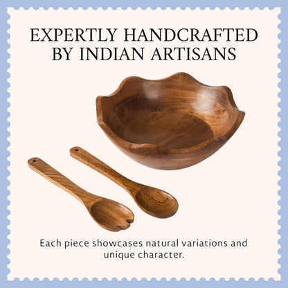 Mela Artisans 12 in Wide x 4 in Tall Scalloped Acacia Wood Salad Bowl with Servers – Decorative Serving and Fruit Bowl with Natural Finish for Kitchen Counter, Pasta, Bread and Home Decor