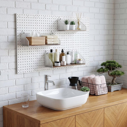 Ferrochef 3 Pack Pegboard Shelves with Hooks, Wall Mounted Grid Shelves, Pegboard Organizer Bins with Wooden Base, Heavy Duty Peg Board Storage Accessories for Kitchen, Bathroom, Garage, Office(White)