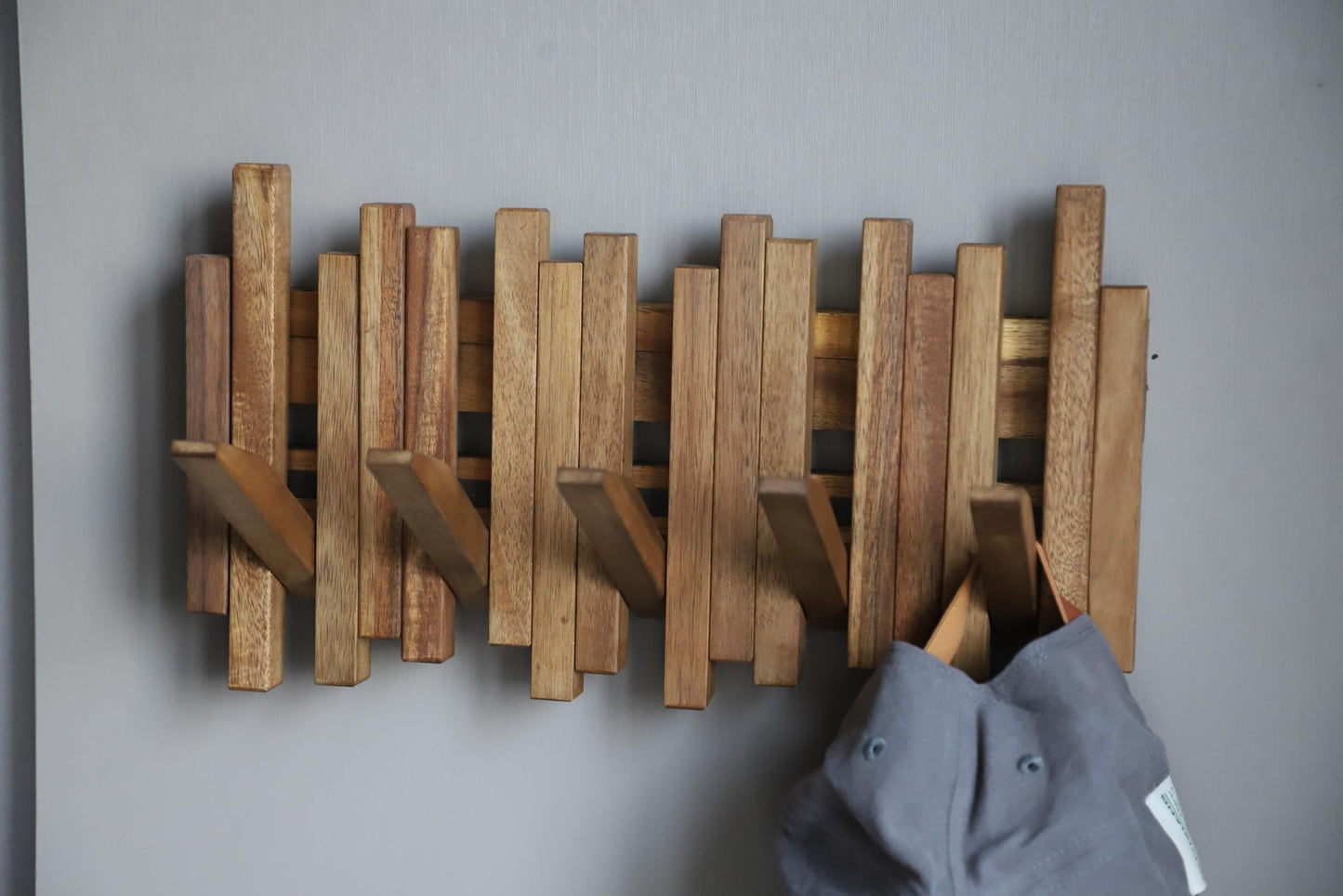 GOGREEBELL Natural Wood Wall Mounted Piano Coat Rack| Coat Rack Wall Mount| Flip Down Wall Hook Rack 5 Hooks| Entryway Wall Art Hook,Made of Acacia Wood (Wood Wax Oil staining Light Brown).
