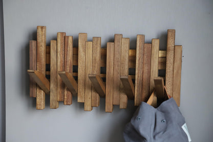 GOGREEBELL Natural Wood Wall Mounted Piano Coat Rack| Coat Rack Wall Mount| Flip Down Wall Hook Rack 5 Hooks| Entryway Wall Art Hook,Made of Acacia Wood (Wood Wax Oil staining Light Brown).