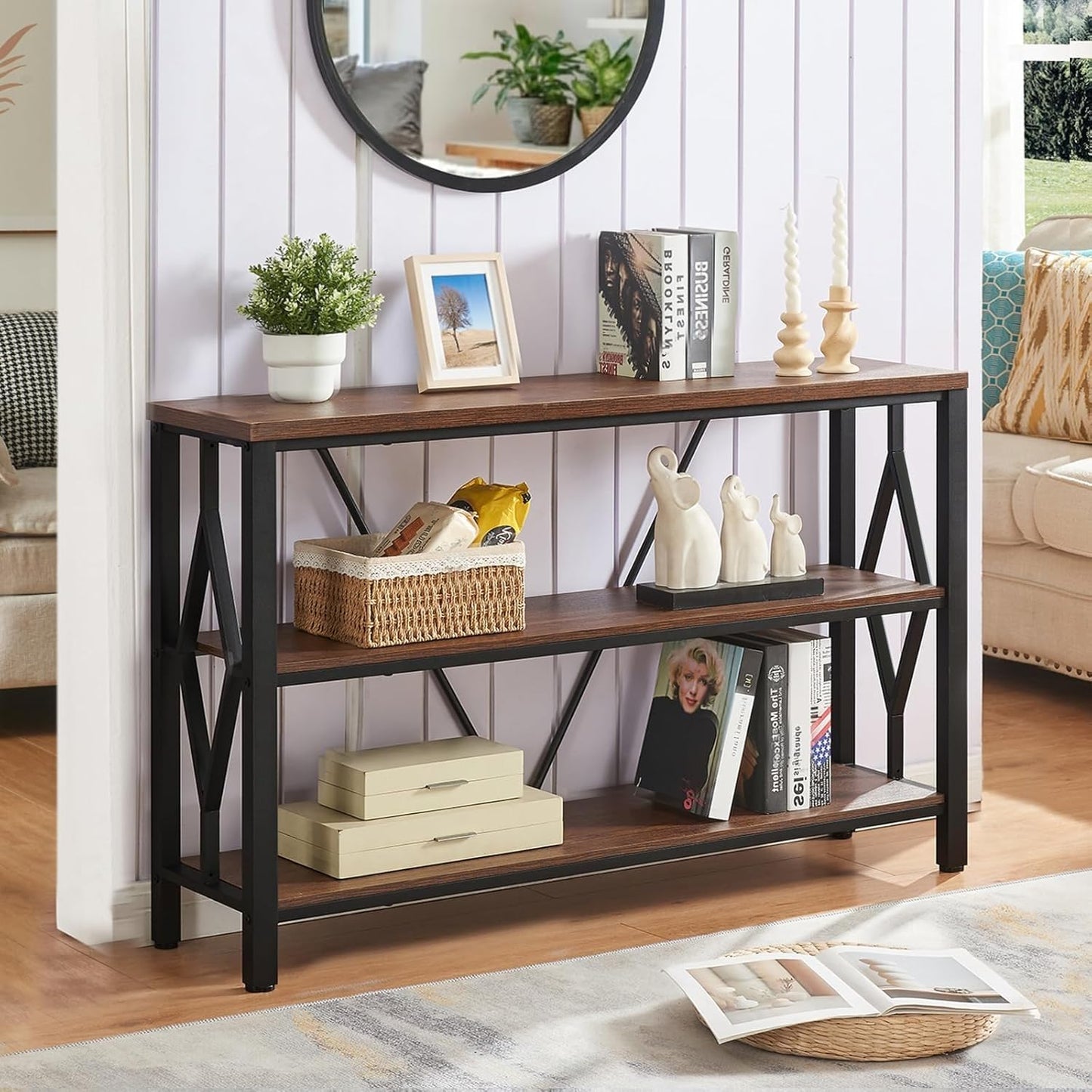 HOMISSUE Sofa Console Table, Rustic Console Table with 3-Tier Storage, Engineered Wood Sofa Tables with Open Shelves, Heavy Duty Entryway Tables for Living Room, Hallway (47 Inch, Rustic Brown)
