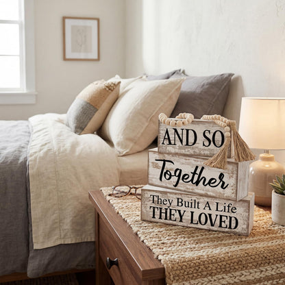 4 Pcs Farmhouse Home Decoration Wooden Tabletop and So Together They Built a Life They Loved Decor Motivational Tiered Tray Decor Rustic Block Sign Retro Bead Garland Table Centerpiece for Shelf Desk