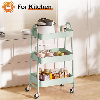 NEWBULIG 3-Tier Metal Rolling Cart with Lockable Wheels, Heavy Duty Mobile Utility Storage Shelf, Roller Book Snack Cart, Organization for Livingroom, Bathroom, Office, Green