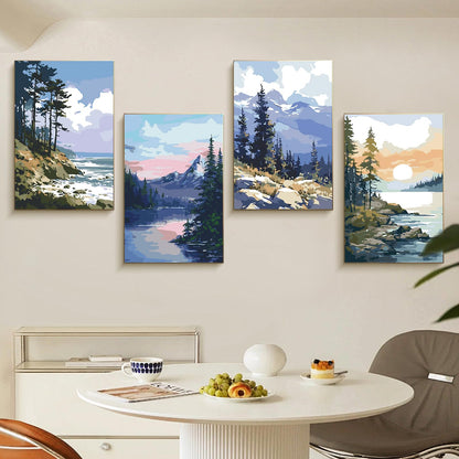 Fountor 4 Pack Framed Paint by Numbers Kit for Adults Beginners with Wooden Easel, DIY Landscape Arts and Crafts for Adults, Painting by Numbers for Home Wall Decor, 8x12 inch