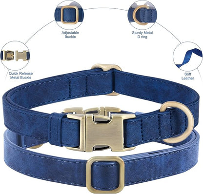 Genuine Leather Dog Collar - Adjustable Pet Collar with Quick Release Metal Buckle, Soft Skin Friendly Real Leather Collar for Small, Medium, Large Dogs (Blue, M：Fit 12-20" Neck)