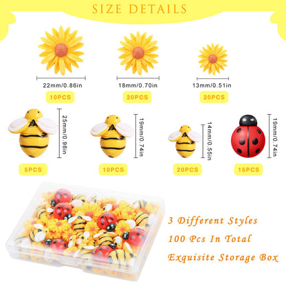 CCOZN 100 Pieces Tiny Resin Bees Daisy Flowers Ladybugs, Flatback Daisy Flowers Bumble Bees Embellishment Bee Decors with Box DIY Wreath Cake Decorations Flowers Bee for Crafts Scrapbooking