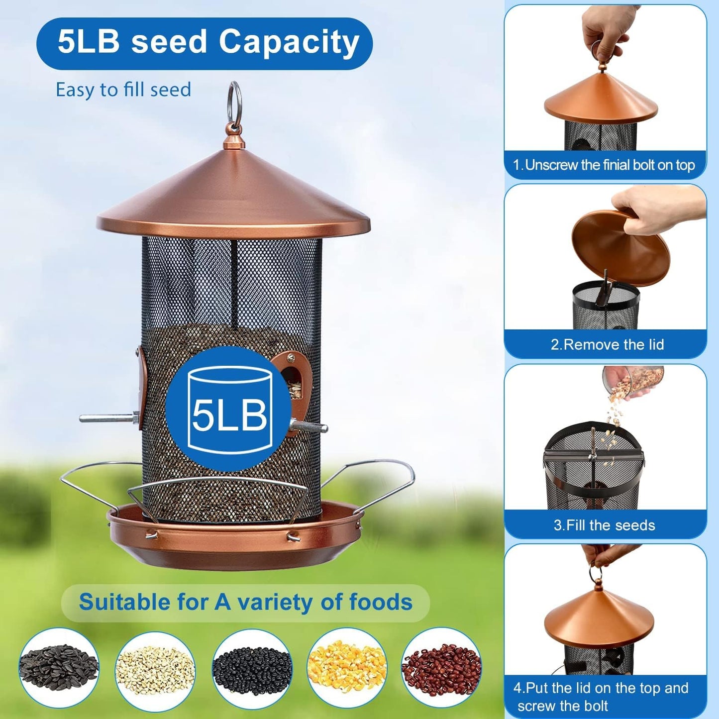 Philodwell Large Bird Feeders for Outside: 12.6inch Metal for Outdoors Hanging with Copper for Garden Yard Outside Decor Cardinal Finch - Gardening Gifts for Women Men