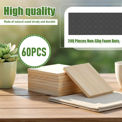 SHENLIU 60 PCS Unfinished Square Wood Coasters, 4 Inch Blank Wooden Craft Coasters with 240 Non-Slip Foam Pad Stickers for DIY Stained Painting Wood Engraving Home Decoration